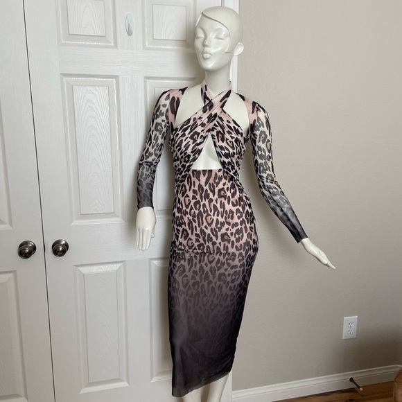 AFRM Leopard Print Mesh Midi Dress in Brown and Cream mob wife Y2K vixen - Picture 3 of 12